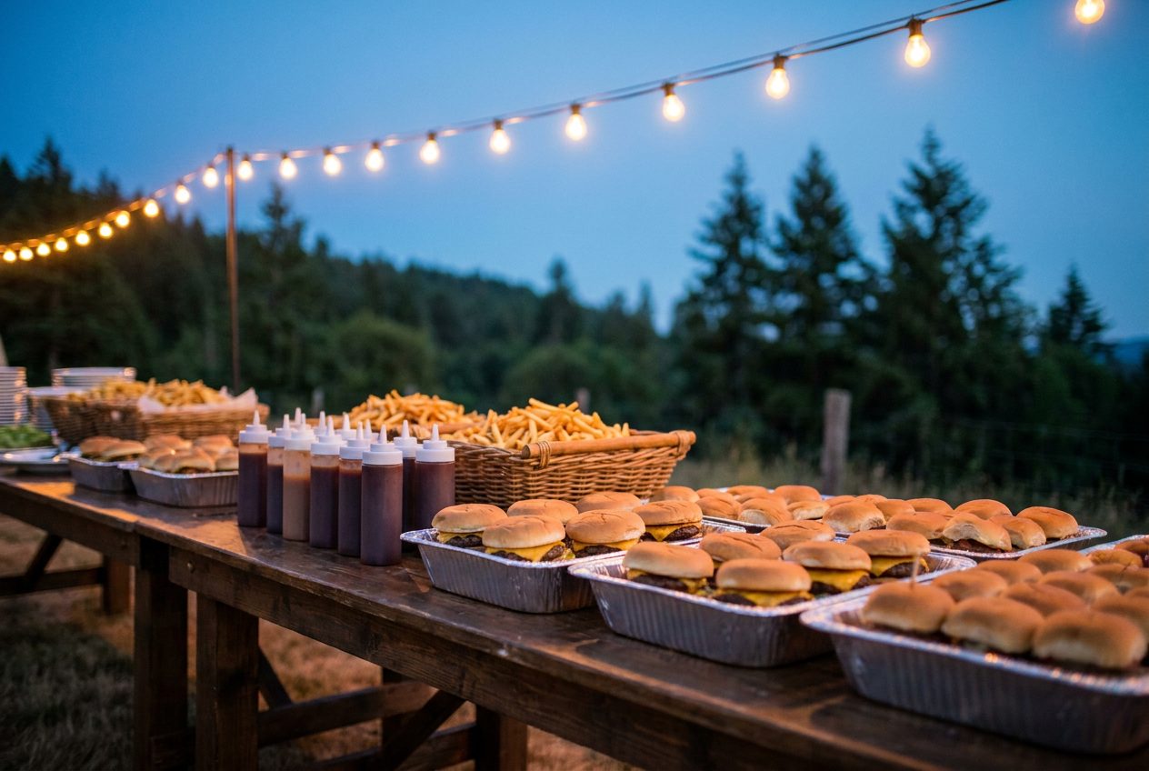 Catering trays of burgers and fries set up at an outdoor evening event