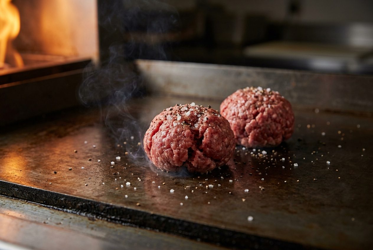 Two loose balls of fresh-ground beef seasoned on a hot flat-top griddle