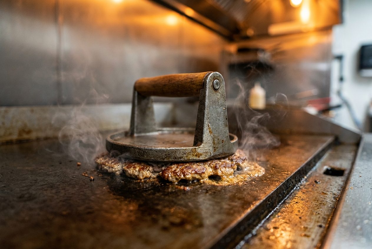 A steel burger press smashing a ball of beef flat on a griddle