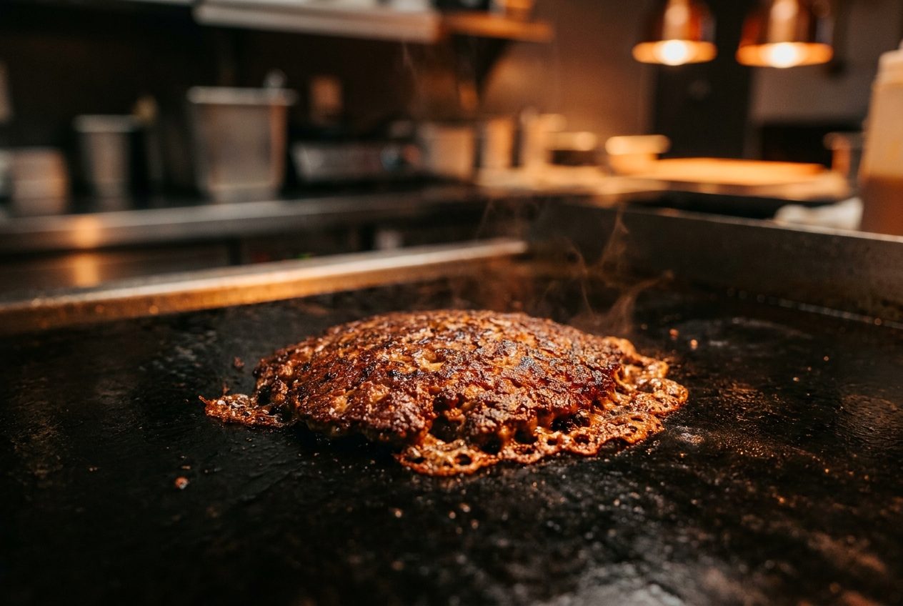 A smash burger patty with a deep brown caramelised crust and crisp lacy edges