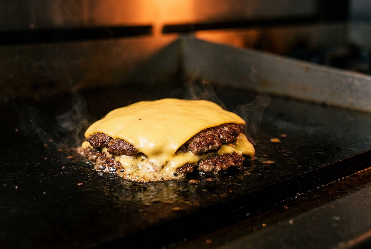Cheese melting over stacked smash burger patties on a griddle