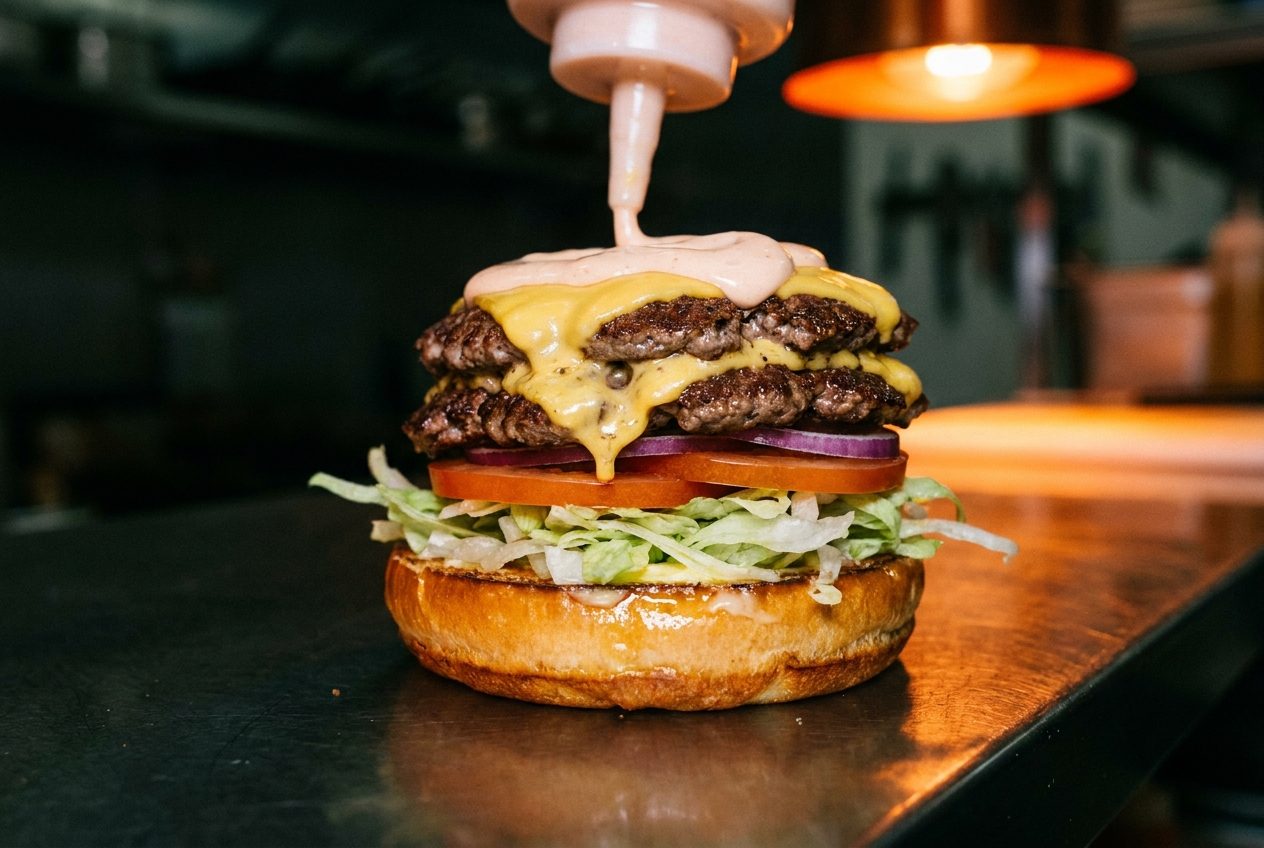 A burger being assembled with lettuce, tomato, onion and house sauce