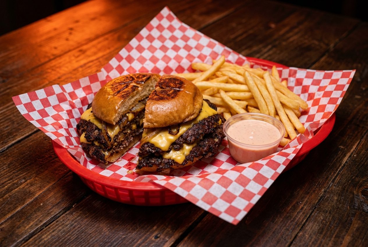 A finished double smash cheeseburger cut in half in a basket with fries and fry sauce