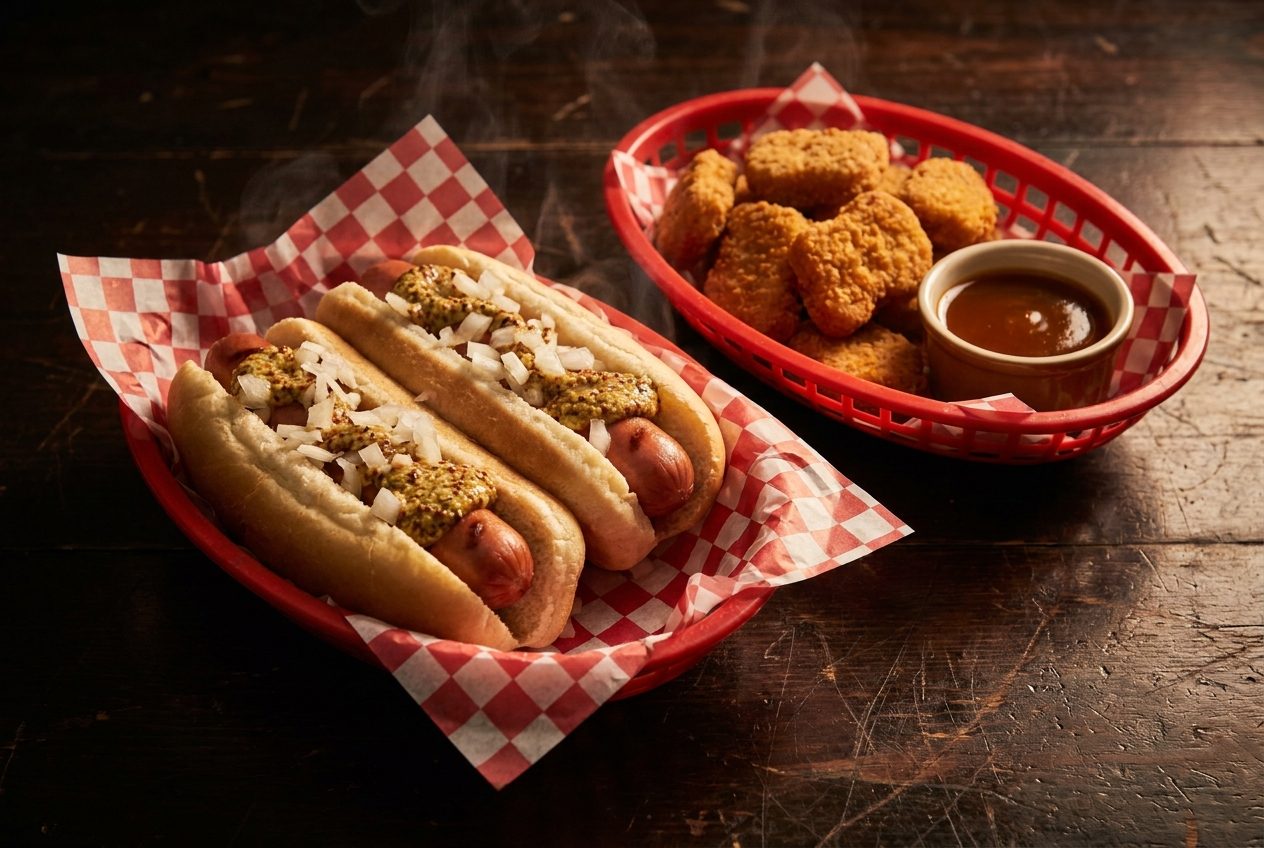Hot dogs in buns beside a basket of breaded chicken nuggets
