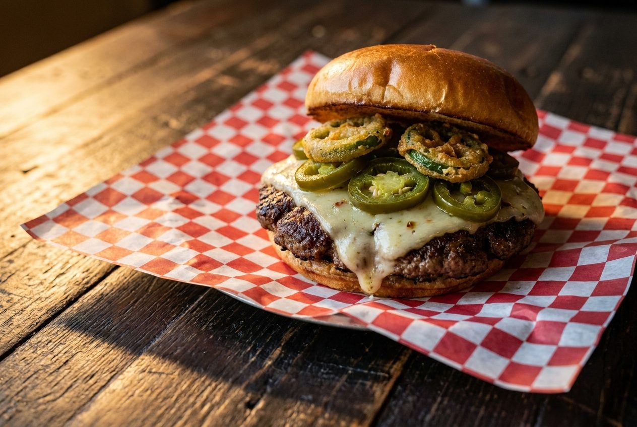 A cheeseburger piled with sliced jalapeños and melted pepper jack