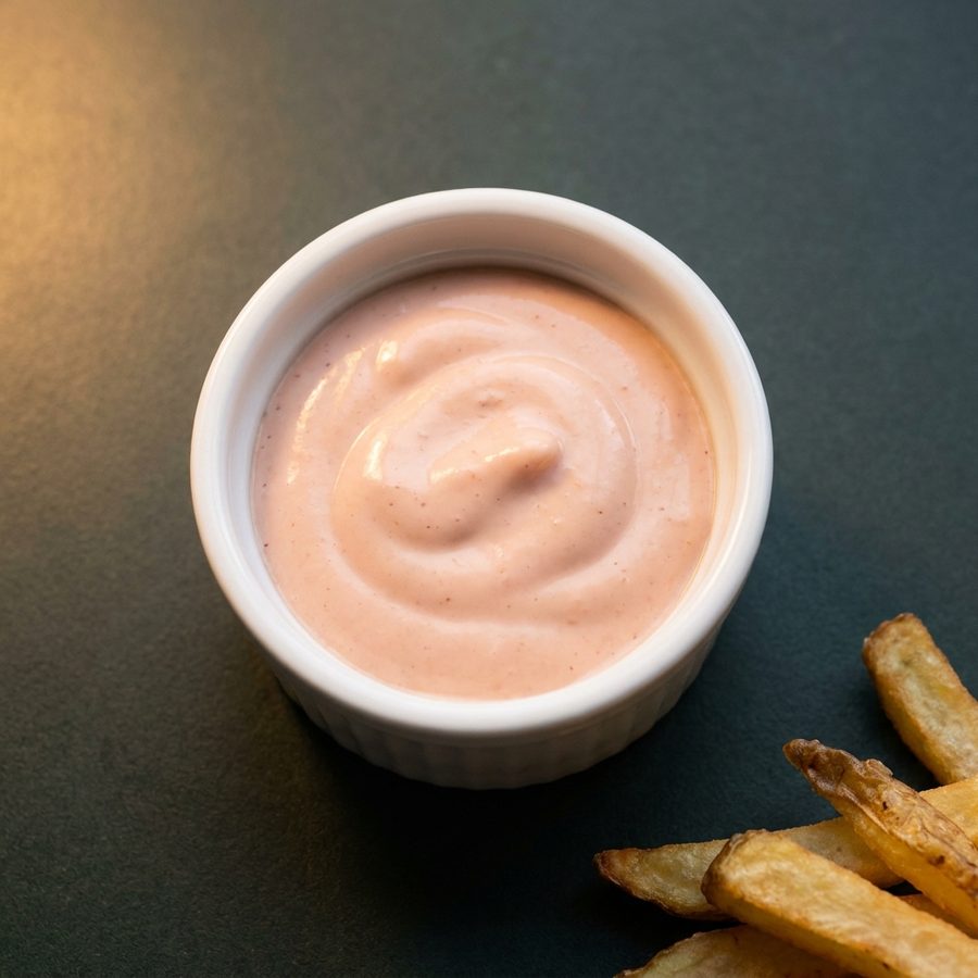 House-made fry sauce in a white ramekin beside golden fries