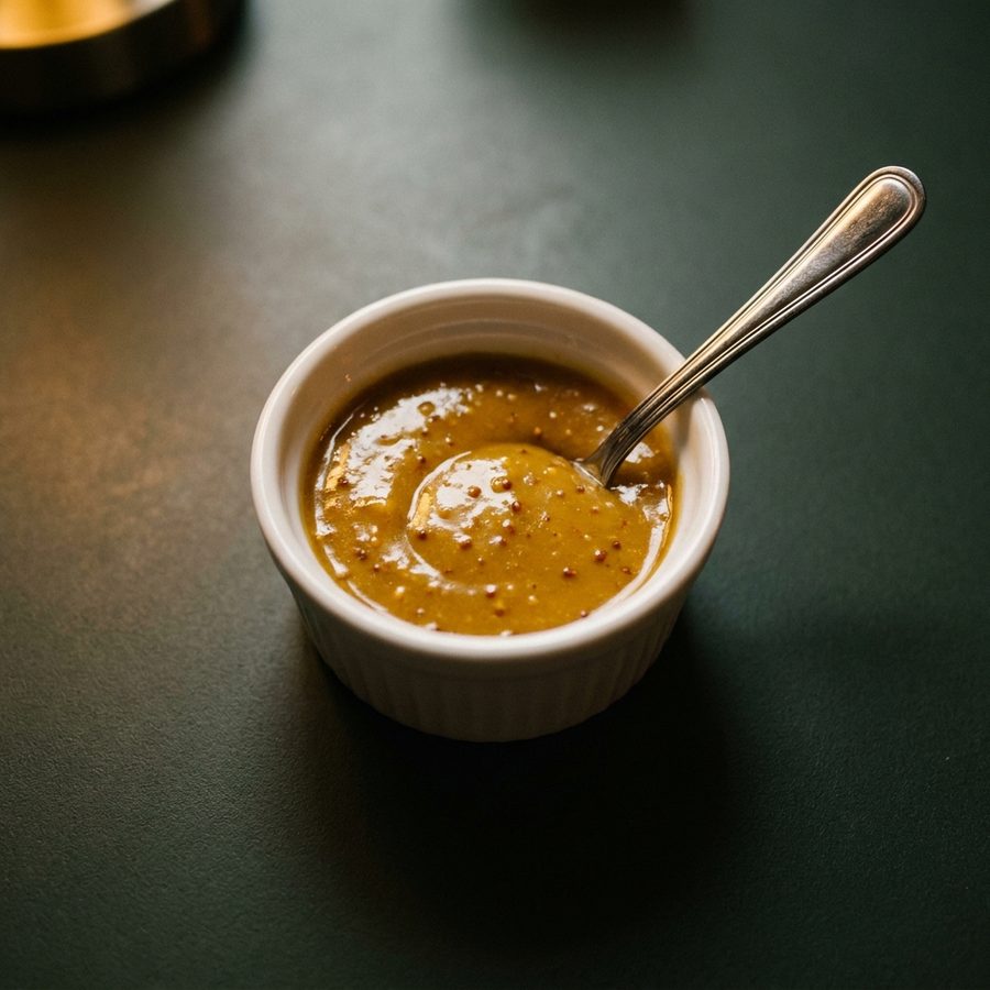 Glossy golden house-made honey mustard with visible mustard seeds