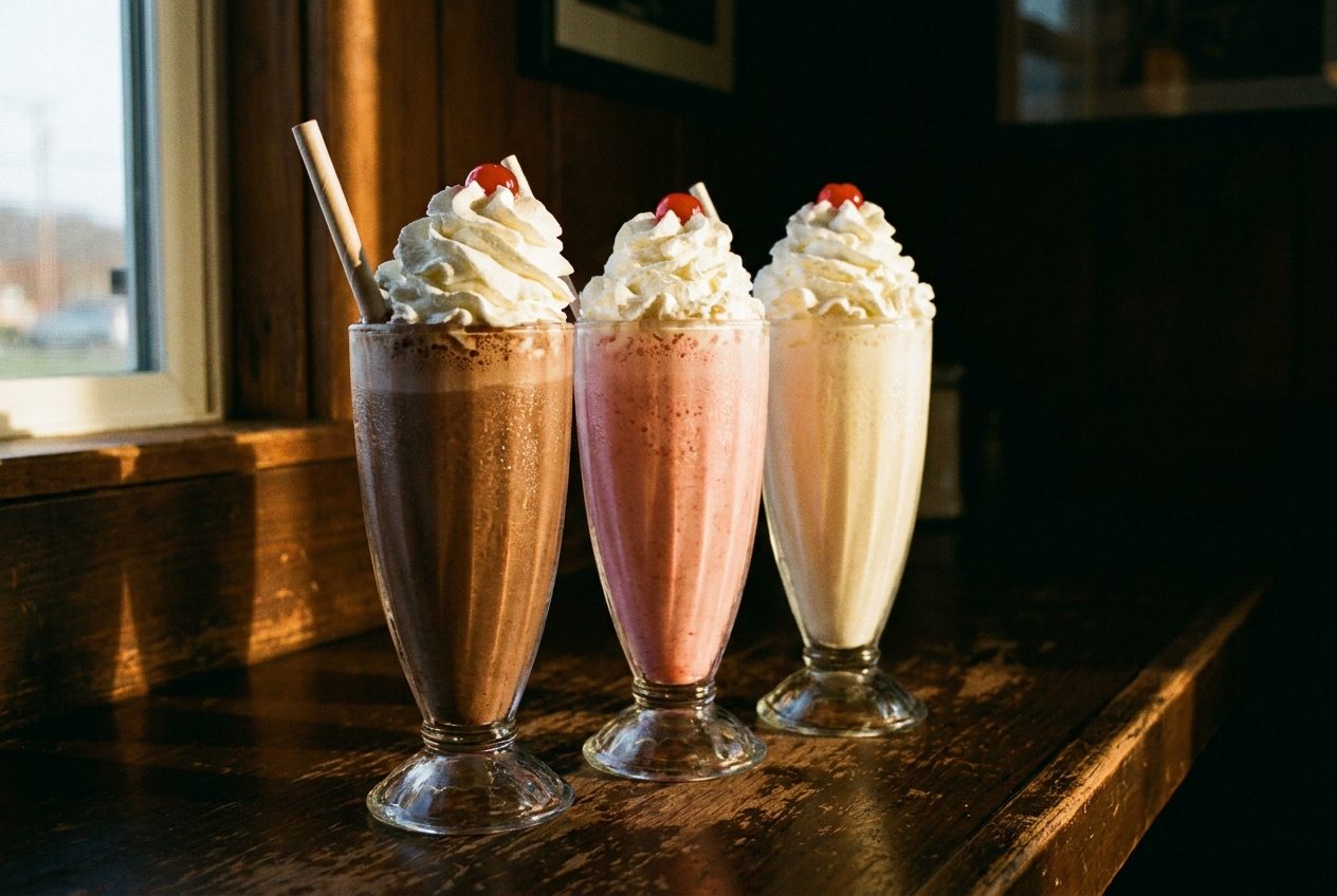 Three thick milkshakes with whipped cream in tall glasses