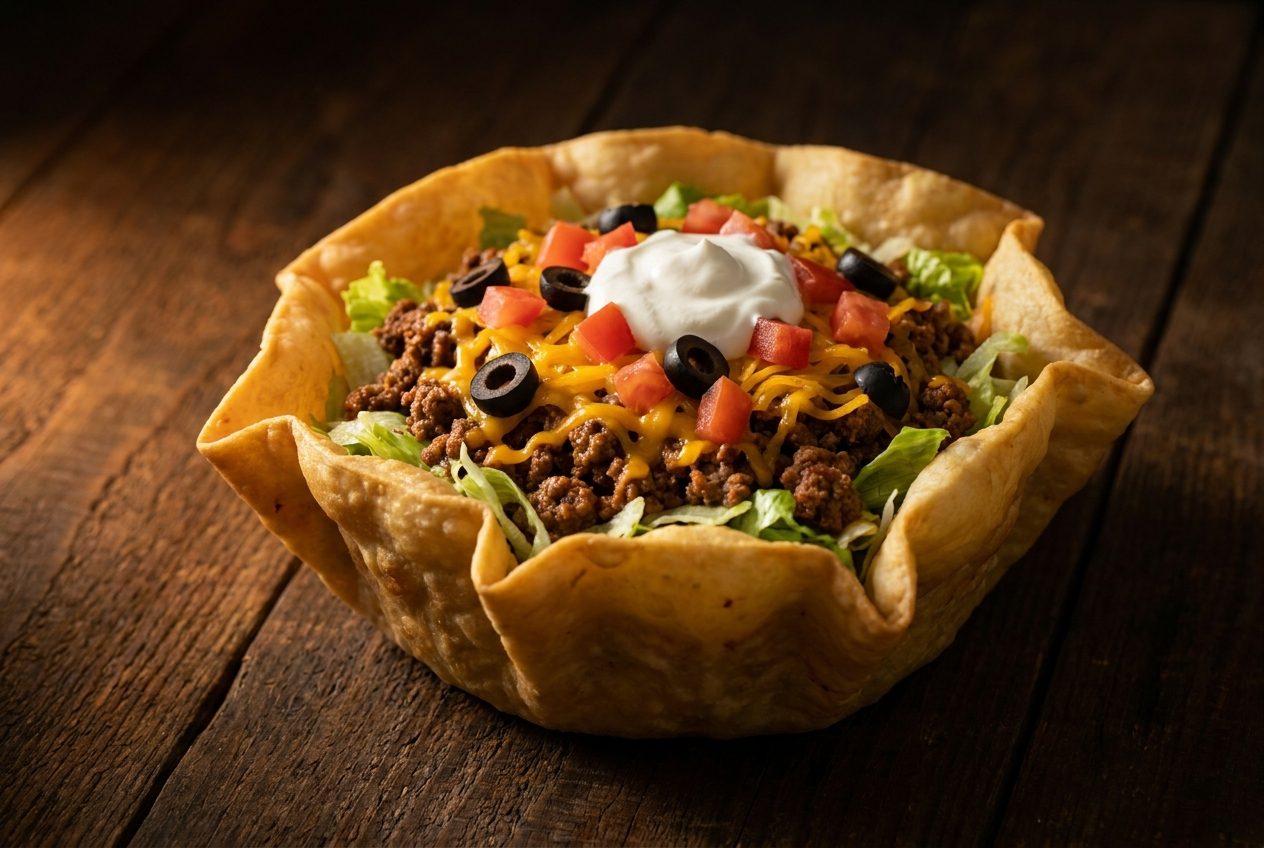 A taco salad in a crisp fried tortilla bowl with beef, lettuce and cheese