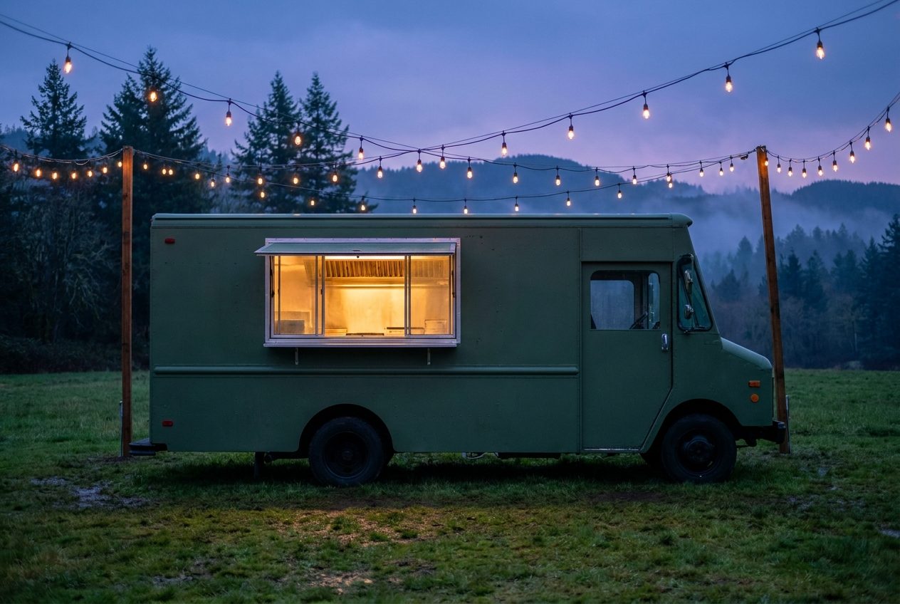 The food truck parked at an evening community event with the serving window lit